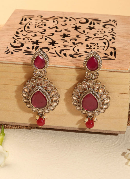 Saloni Fashion Jewellery Stylish Round and Oval Shape Red Kundan Stone Antique Gold Plated Brass Dangle Earring For Women and Girls