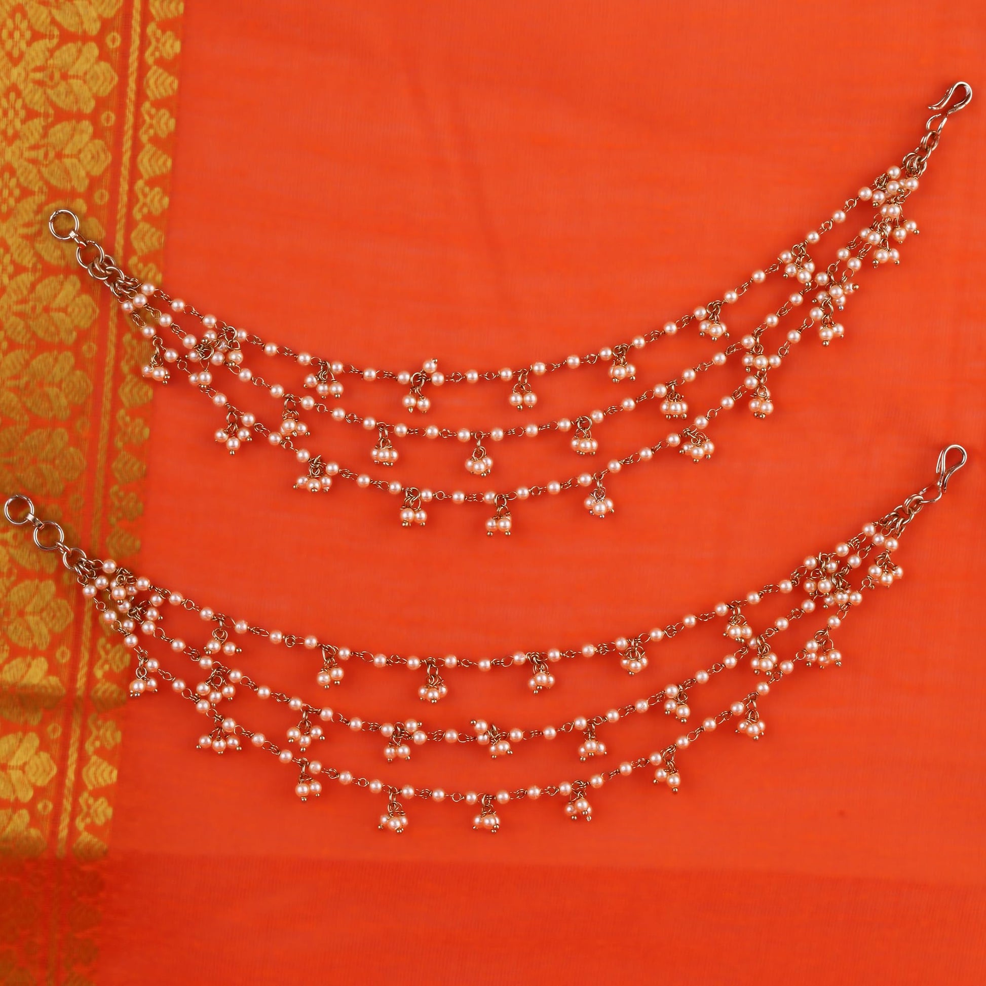 Saloni Fashion Jewellery Inspired Pearl 3 String Gold Plated Combo Set of 2 Ear-Chain(Kaan Chain) For Women