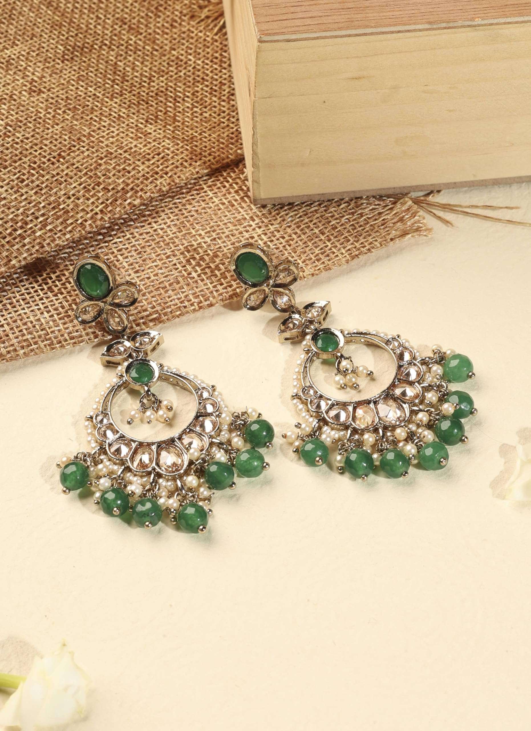 Saloni Fashion Jewellery Inspired Circle and Leaf Shape Green Pearl Brown Kundan Stone Antique Gold Plated Brass Chandelier Earring With Maang Tikka For Women and Girls