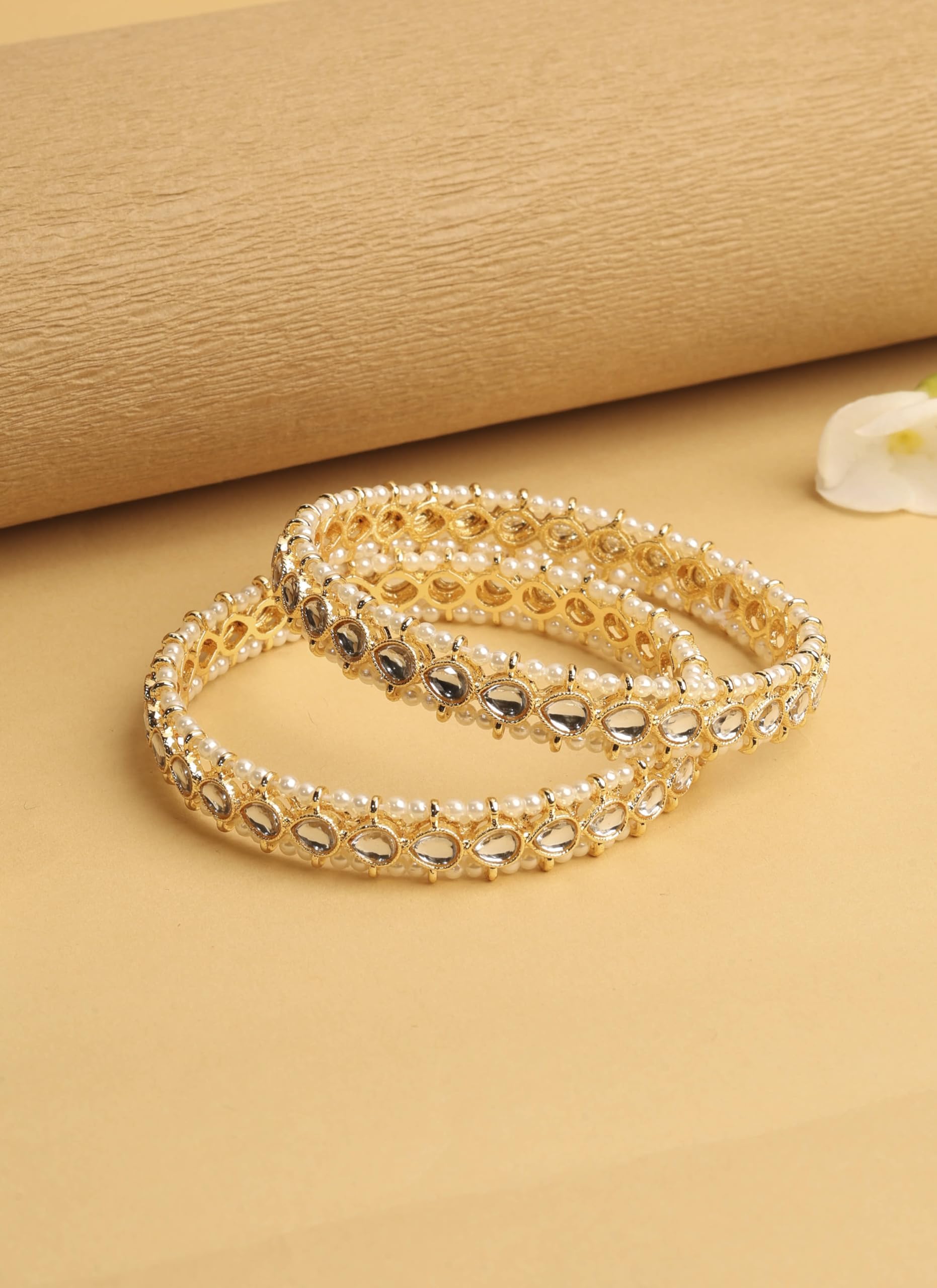 Saloni Fashion Jewellery Traditional Oval Shape Pearl White Kundan Stone Gold Plated Set of 2 Bangle Set For Women and Girls