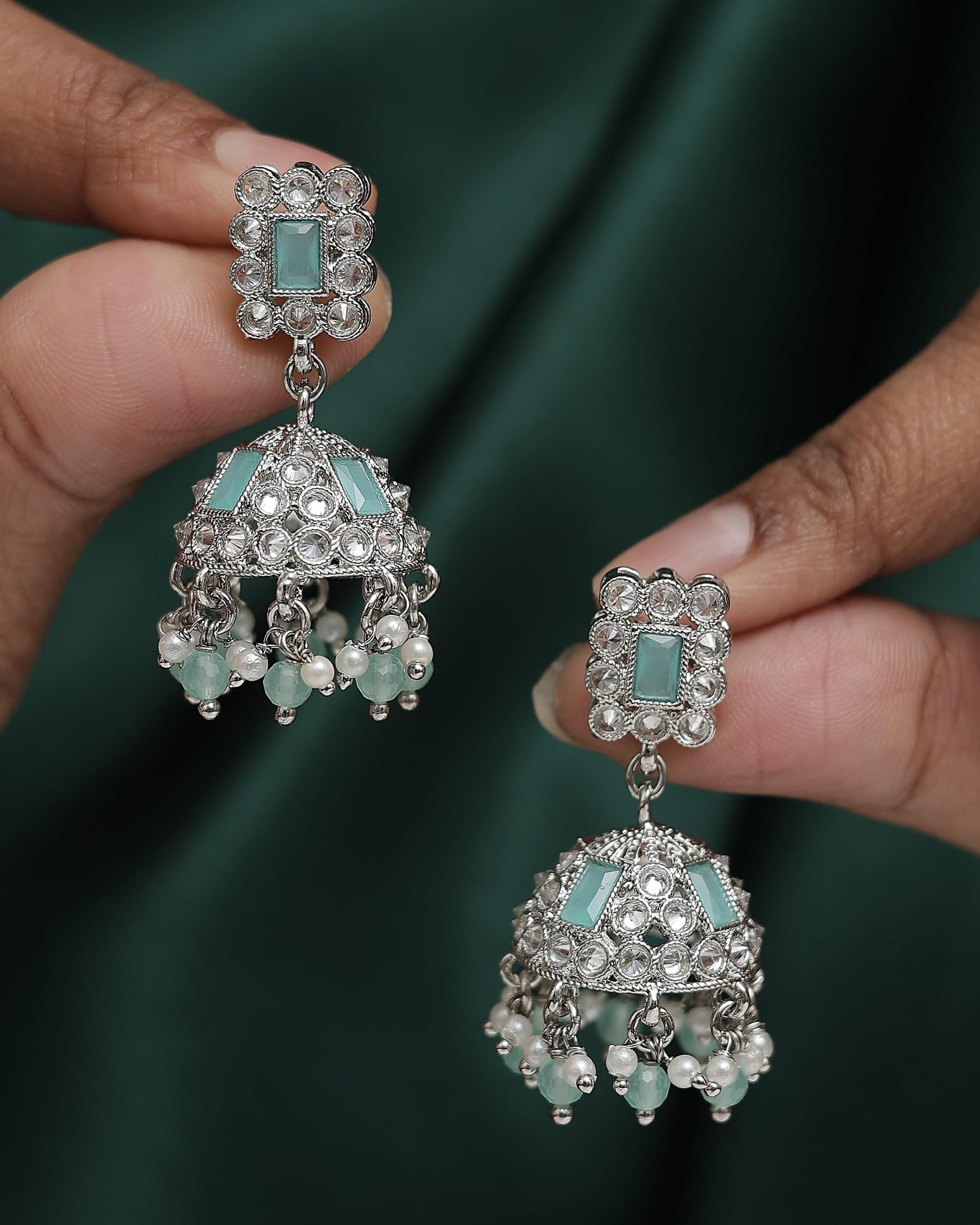 Saloni Fashion Jewellery Designer Square Shape Silver Plated Sky Blue Kundan Stone Jhumki Earring For Women and Girls