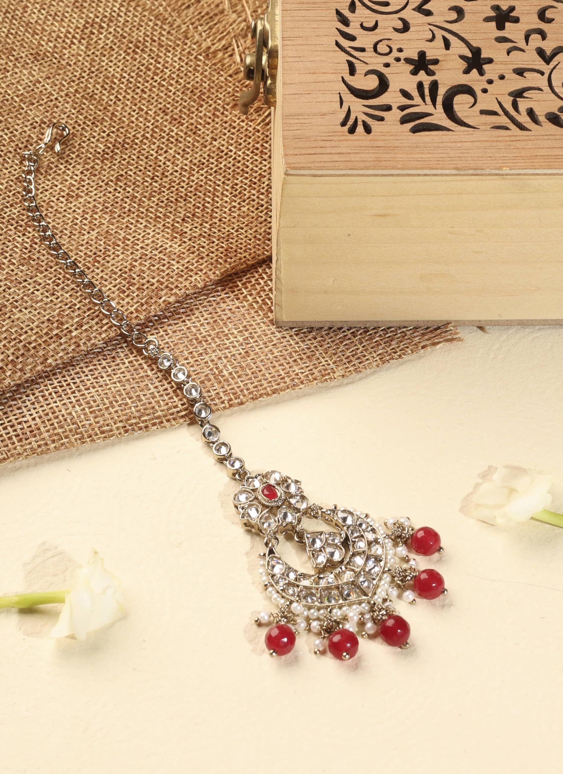 Saloni Fashion Jewellery Fashionable Chandelier Shape and Red Pearl Brown Kundan Stone Antique Gold Plated Brass Chandelier Earring With Maang Tikka For Women and Girls