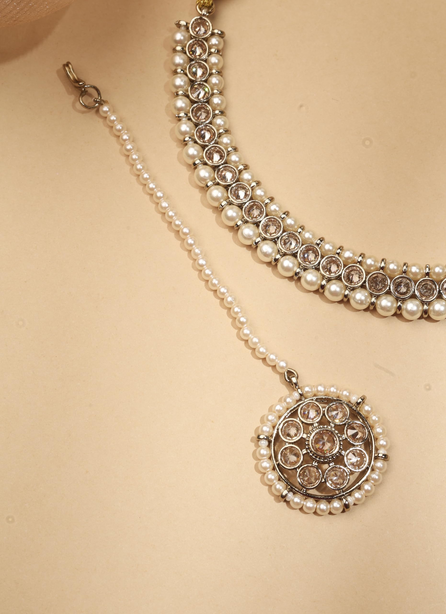 Saloni Fashion Jewellery Lavish Flower and Round Shape Brown Kundan Pearl Antique Gold Plated Choker Necklace With Maang Tikka For Women and Girls
