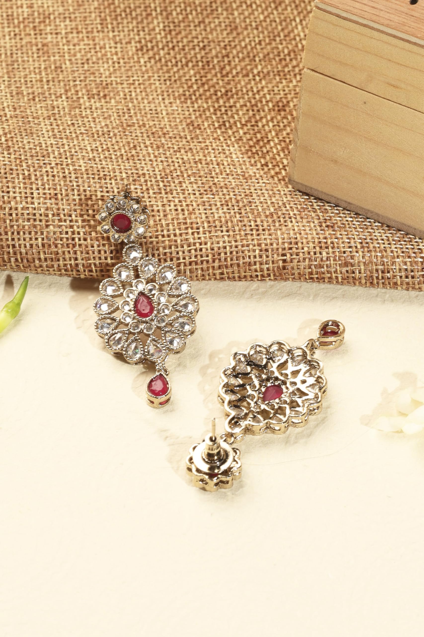 Saloni Fashion Jewellery Glamorous Round and Flower Shape Red Kundan Stone Antique Gold Plated Brass Dangle Earring With Maang Tikka For Women and Girls