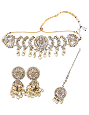Saloni Fashion Jewellery Stylish Flower and Round Shape Uncut Kundan Gold Plated Choker Necklace Set with Maangtikka For Women and Girls