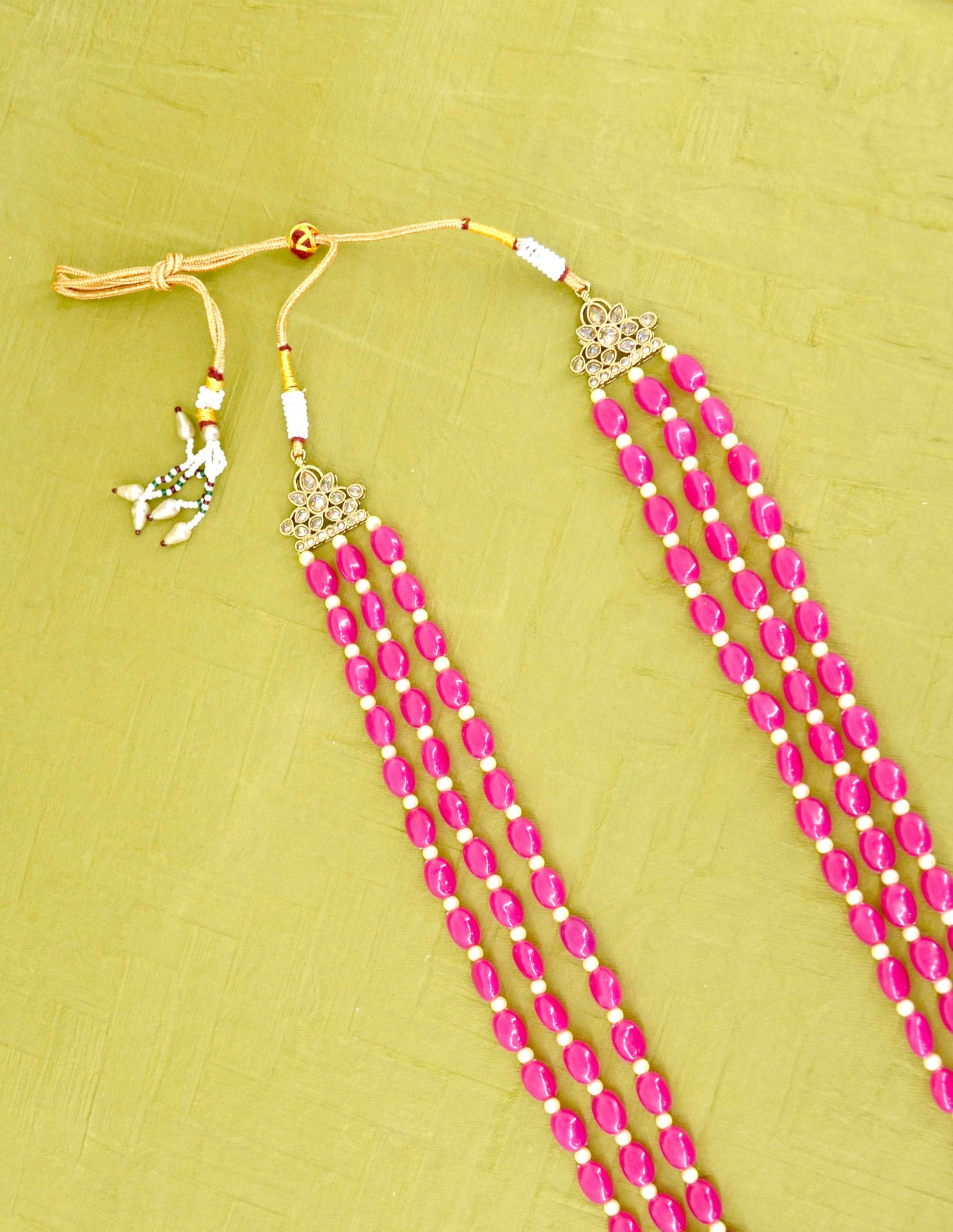 Saloni Fashion Jewellery Modish Pink Mother of Pearls 3 Layered Gold Plated Long Haram Necklace Pearl Mala For Women and Girls