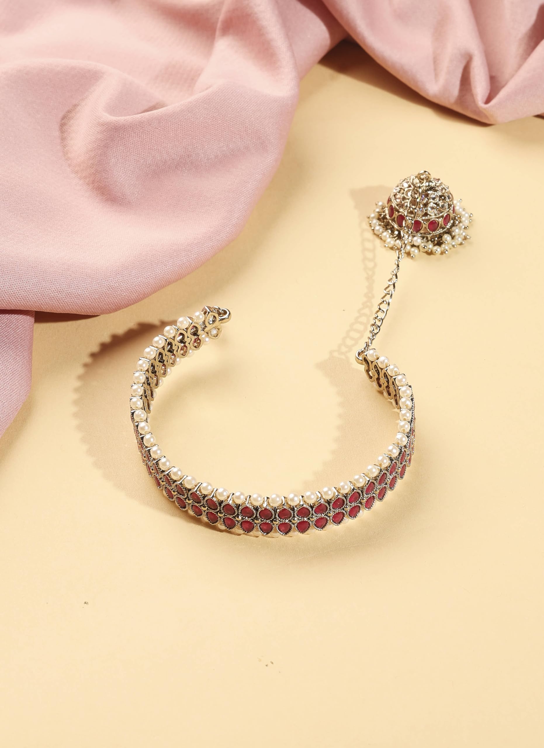 Saloni Fashion Jewellery Delightful Circle Shape and Pearl with Chain Jhumki Ruby Kundan Stone Antique Gold Plated Openable Bracelet For Women and Girls