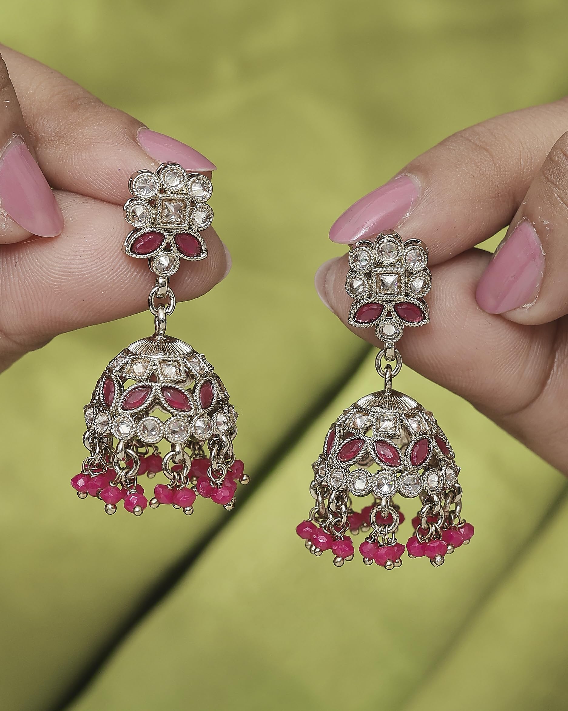 Saloni Fashion Jewellery Enjoyable Round and Pear Shape Silver Plated Pearl Ruby Kundan Stone Jhumki Earring For Women and Girls