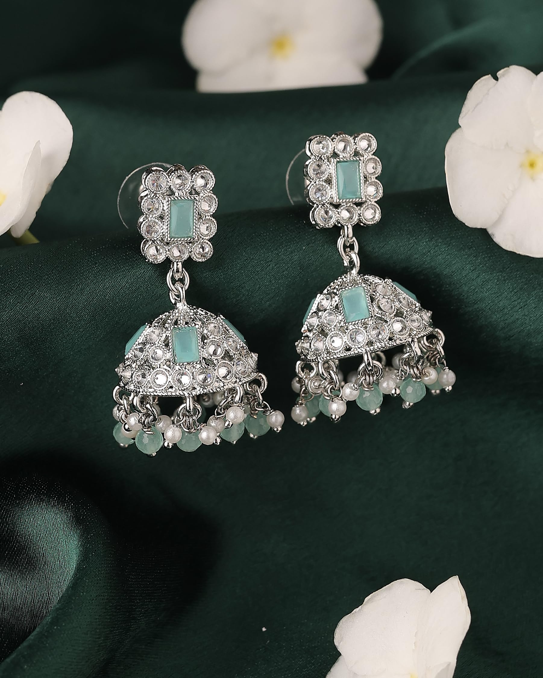 Saloni Fashion Jewellery Designer Square Shape Silver Plated Sky Blue Kundan Stone Jhumki Earring For Women and Girls