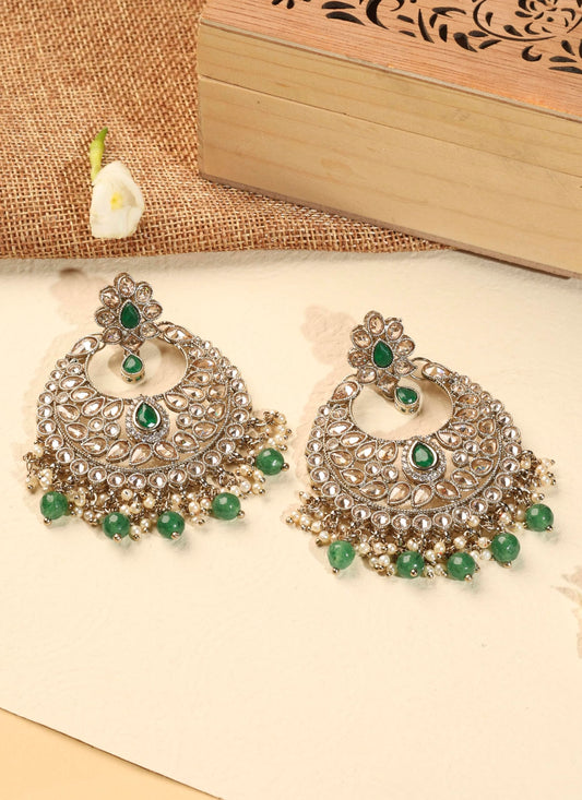 Saloni Fashion Jewellery Stylish Chandelier Shape Green Kundan Stone Antique Gold Plated Chandelier Earring For Women and Girls