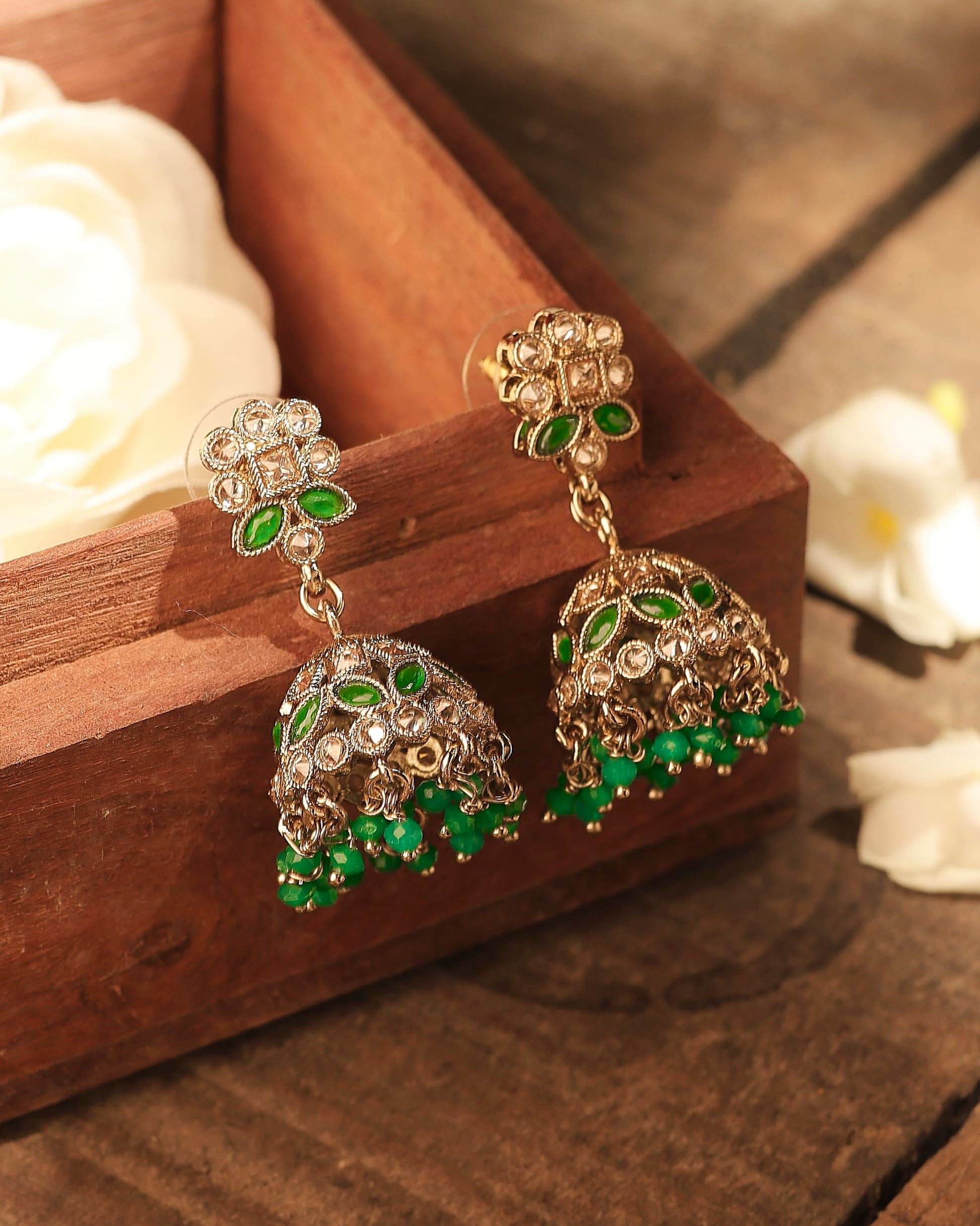 Saloni Fashion Jewellery Elegant Round and Pear Shape Silver Plated Pearl Green Kundan Stone Jhumki Earring For Women and Girls