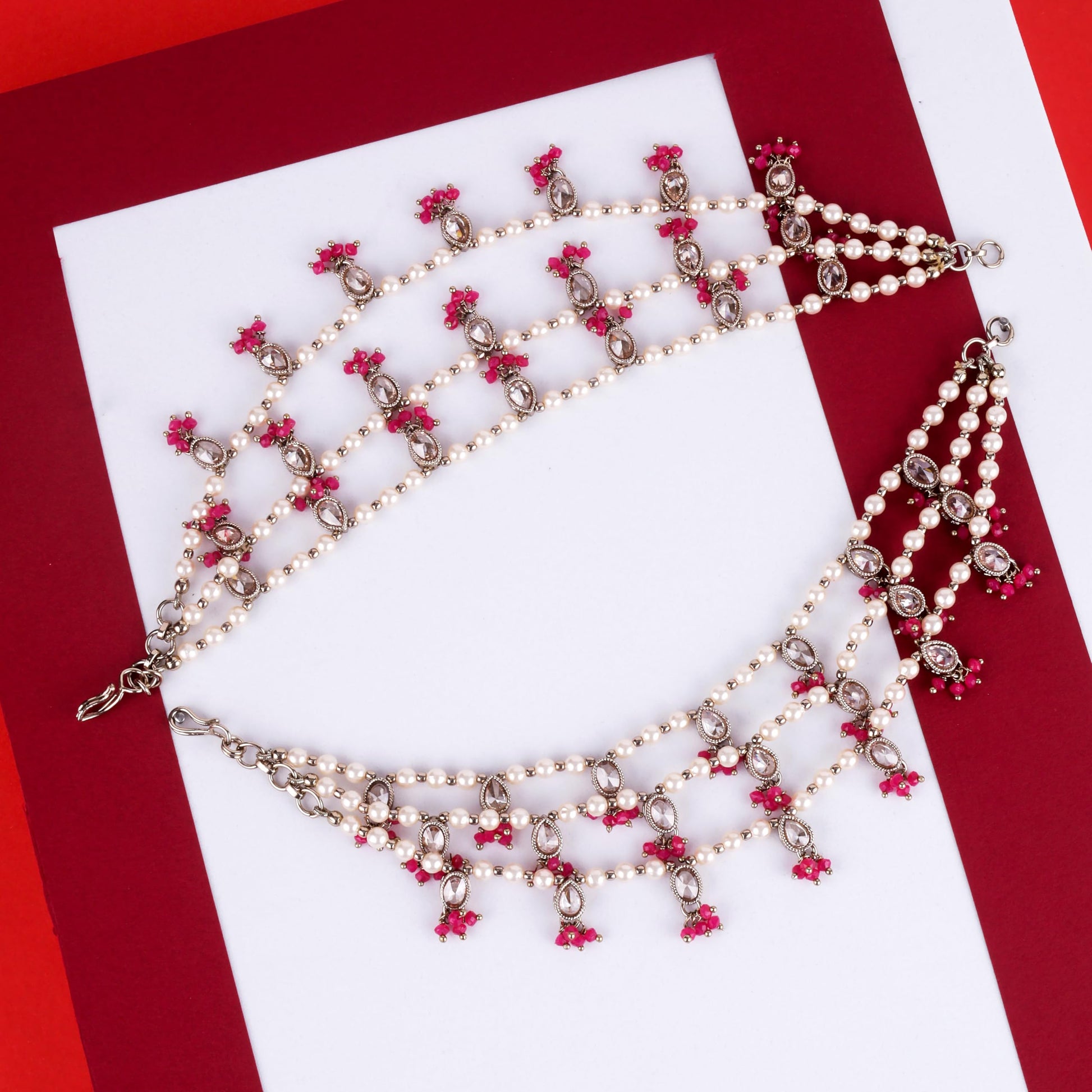 Saloni Fashion Jewellery Designer Oval and Circle Shape 3 String Red Kundan Stone Pearl Antique Gold Plated Set Of 2 Ear-Chain (Kaanchain) For Women and Girls