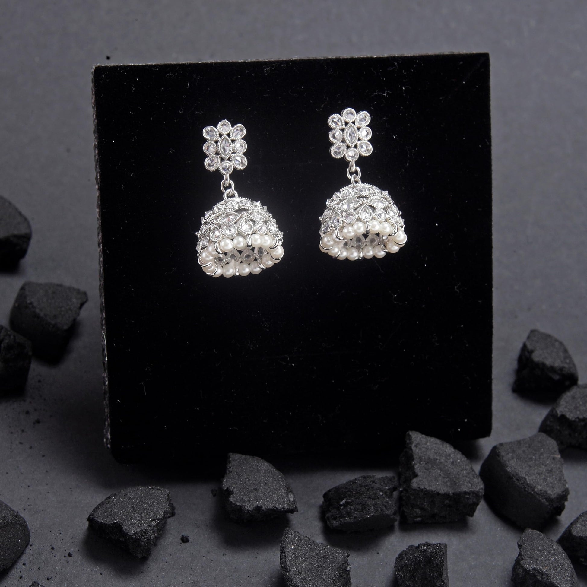 Saloni Fashion Jewellery Classy Pear and Flower Shape White Uncut Kundan Stone Silver Plated Jhumki Earring For Women and Girls
