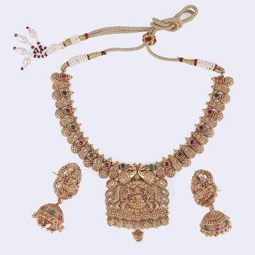 Saloni Fashion Jewellery Traditional Laxmi and Peacock Design Gold Plated Choker Necklace Set For Women