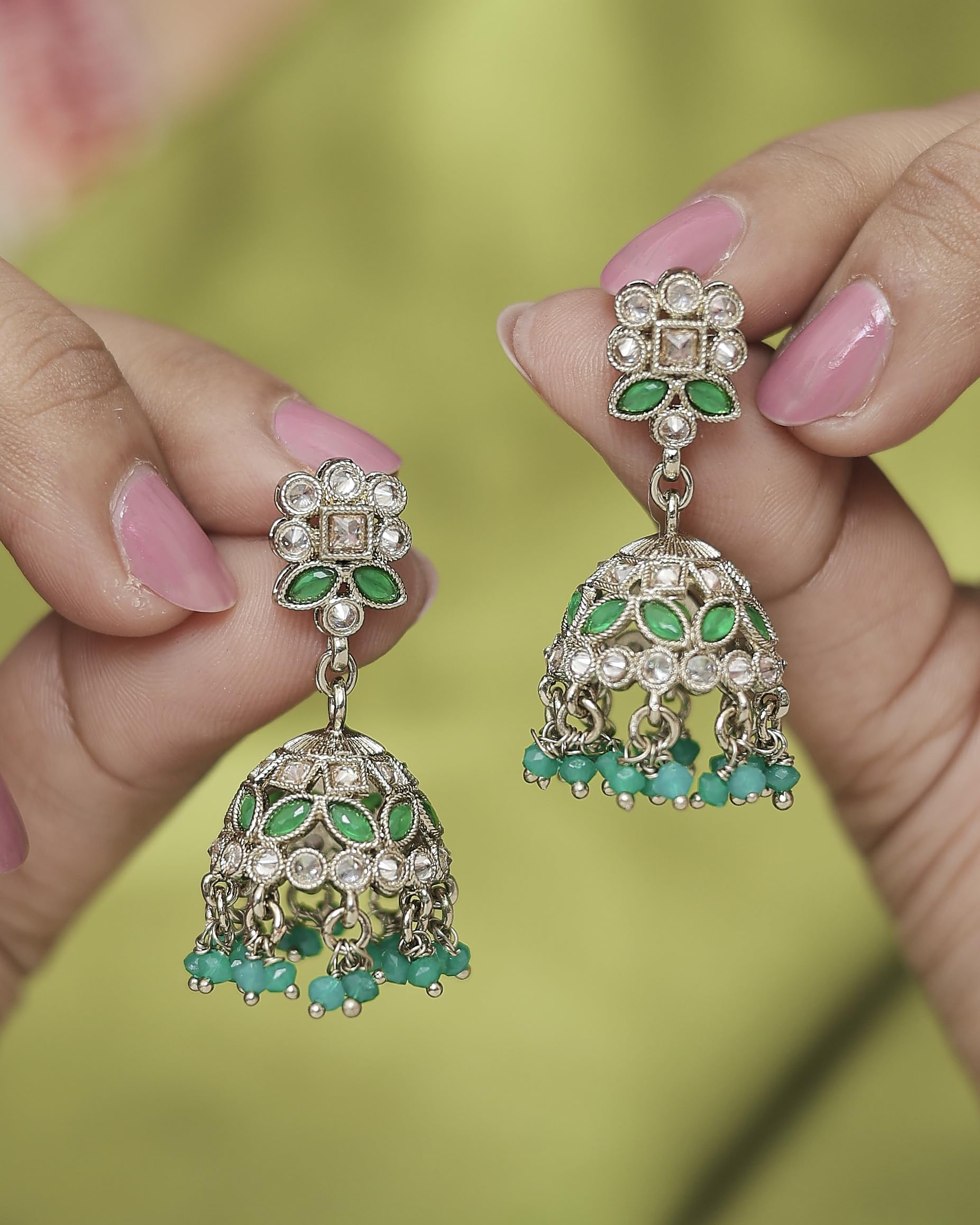 Saloni Fashion Jewellery Elegant Round and Pear Shape Silver Plated Pearl Green Kundan Stone Jhumki Earring For Women and Girls