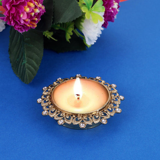 Saloni Fashion Jewellery Traditional Classy Leaf and Round Shape Brass Gold Plated White Stone Festival Decorative Deep / Diya