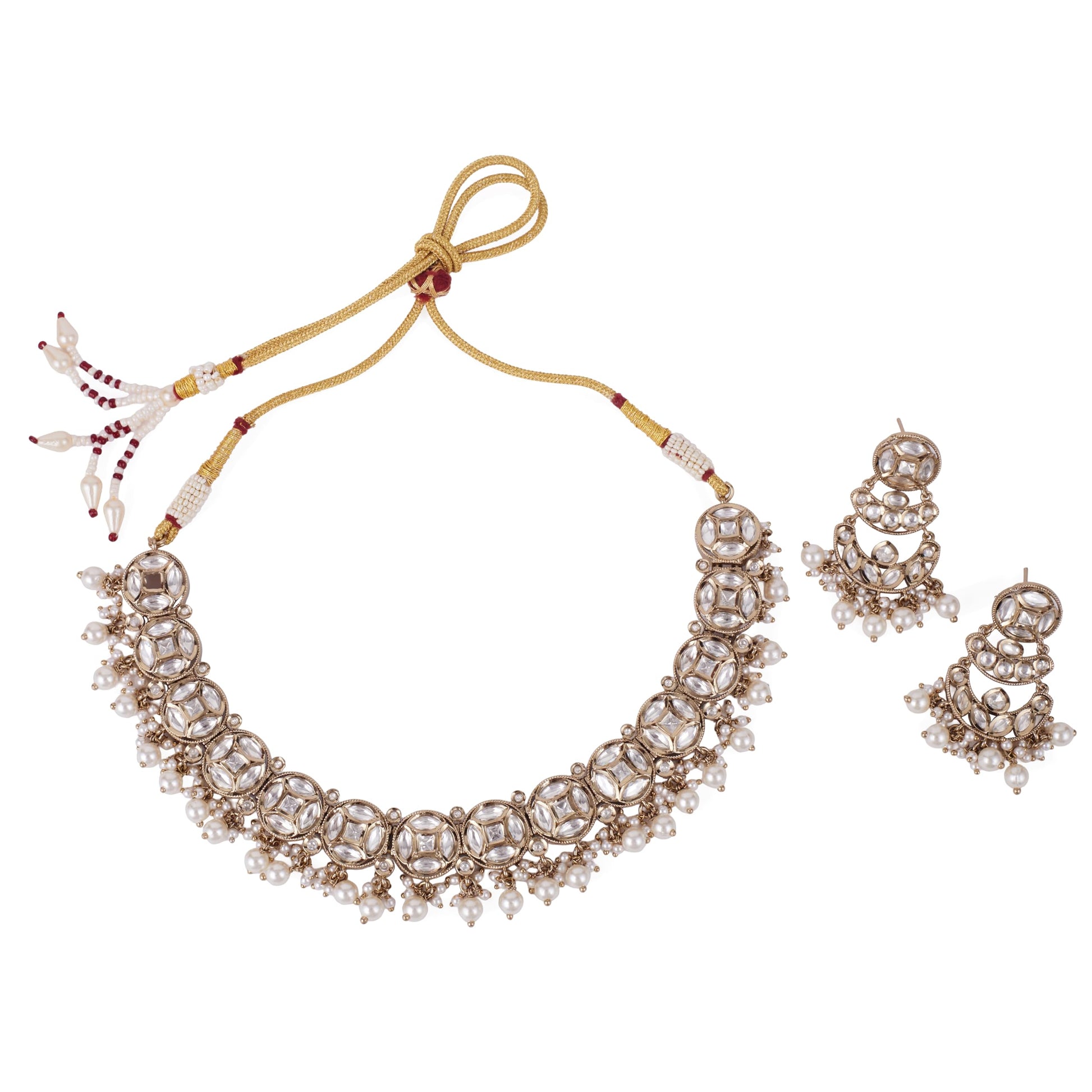 Saloni Fashion Jewellery Desirable Round Shape Mother of Pearl Uncut Kundan Stone Gold Plated Brass Choker Necklace Set For Women and Girls
