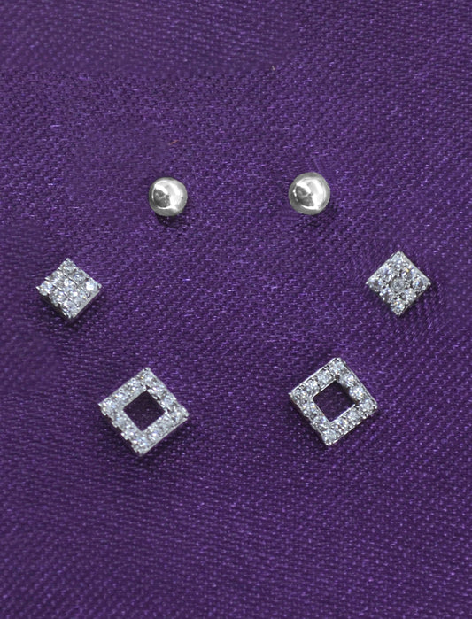 Saloni Fashion Jewellery Pretty Traingle Shape CZ Brass Silver Plated Set of 3 Combo Stud Earring For Women and Girls