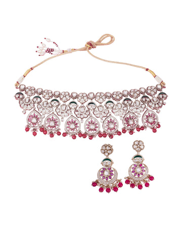 Saloni Fashion Jewellery Trendy Flower Design and Chandelier Shape Red Uncut Kundan Stone Antique Gold Plated Brass Choker Necklace Set For Women and Girls