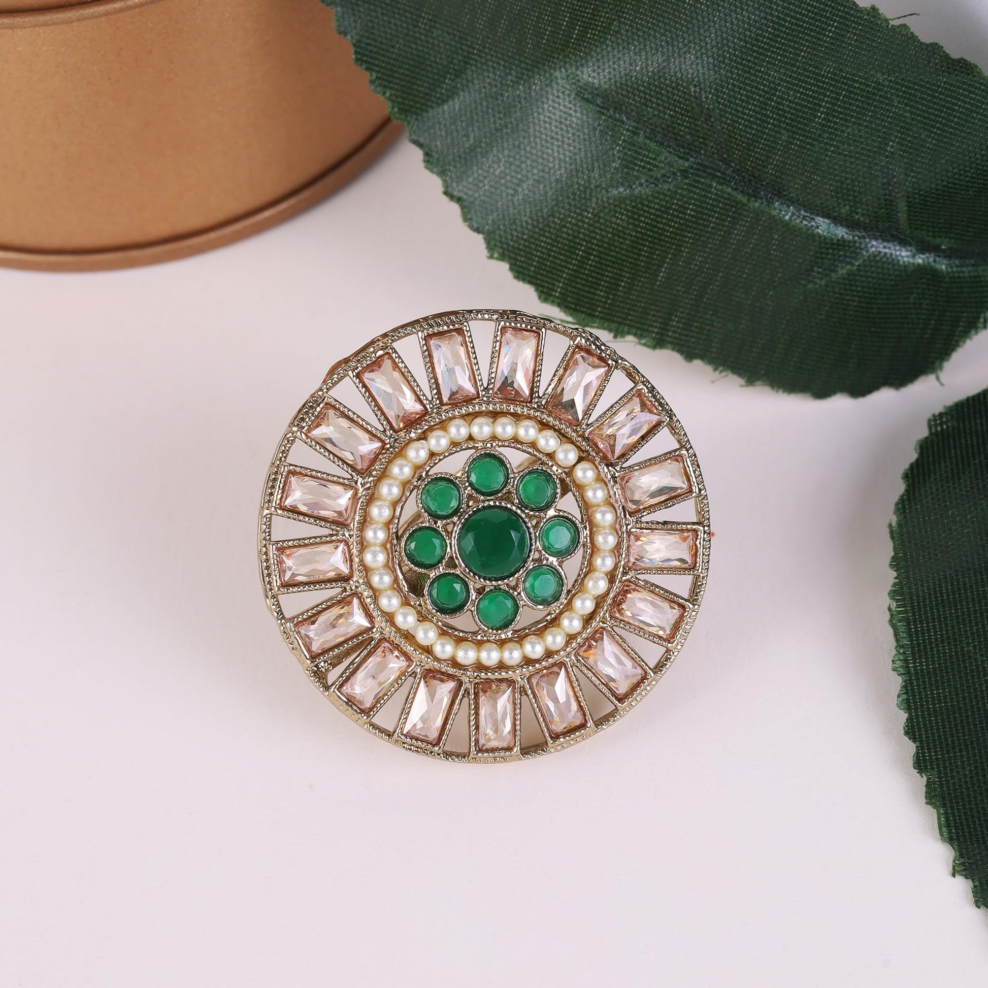 Saloni Fashion Jewellery Round Design Green and Grey Stone Gold Plated Set of 2 Combo Brass Adjustable Finger Ring For Women
