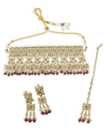 Saloni Fashion Jewellery Trendy Flower Design Uncut Kundan Gold Plated Choker Necklace Set with Maangtikka For Women and Girls