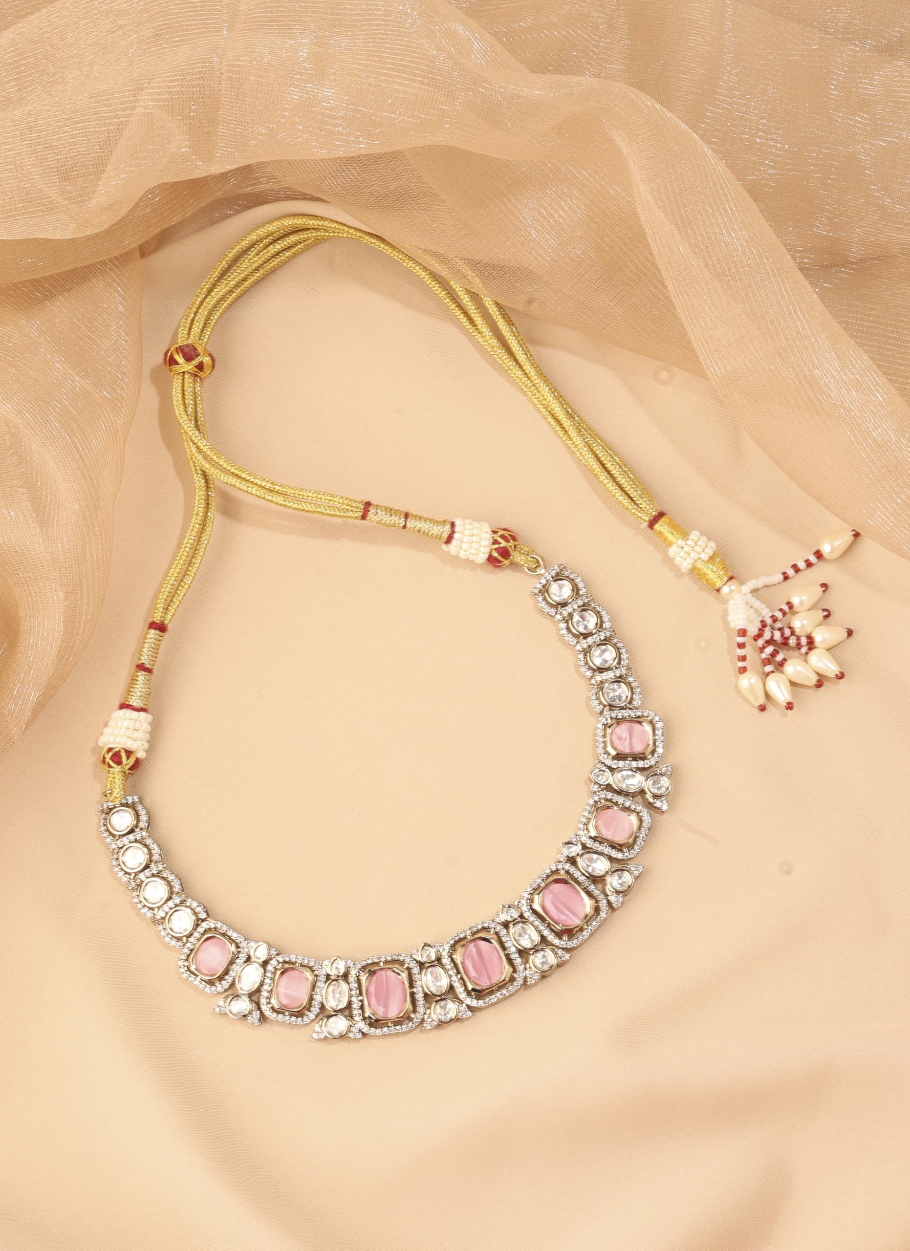Saloni Fashion Jewellery Trendy Square Shape Pink Kundan Stone Antique Gold Plated Choker Brass Necklace With Maang Tikka For Women and Girls