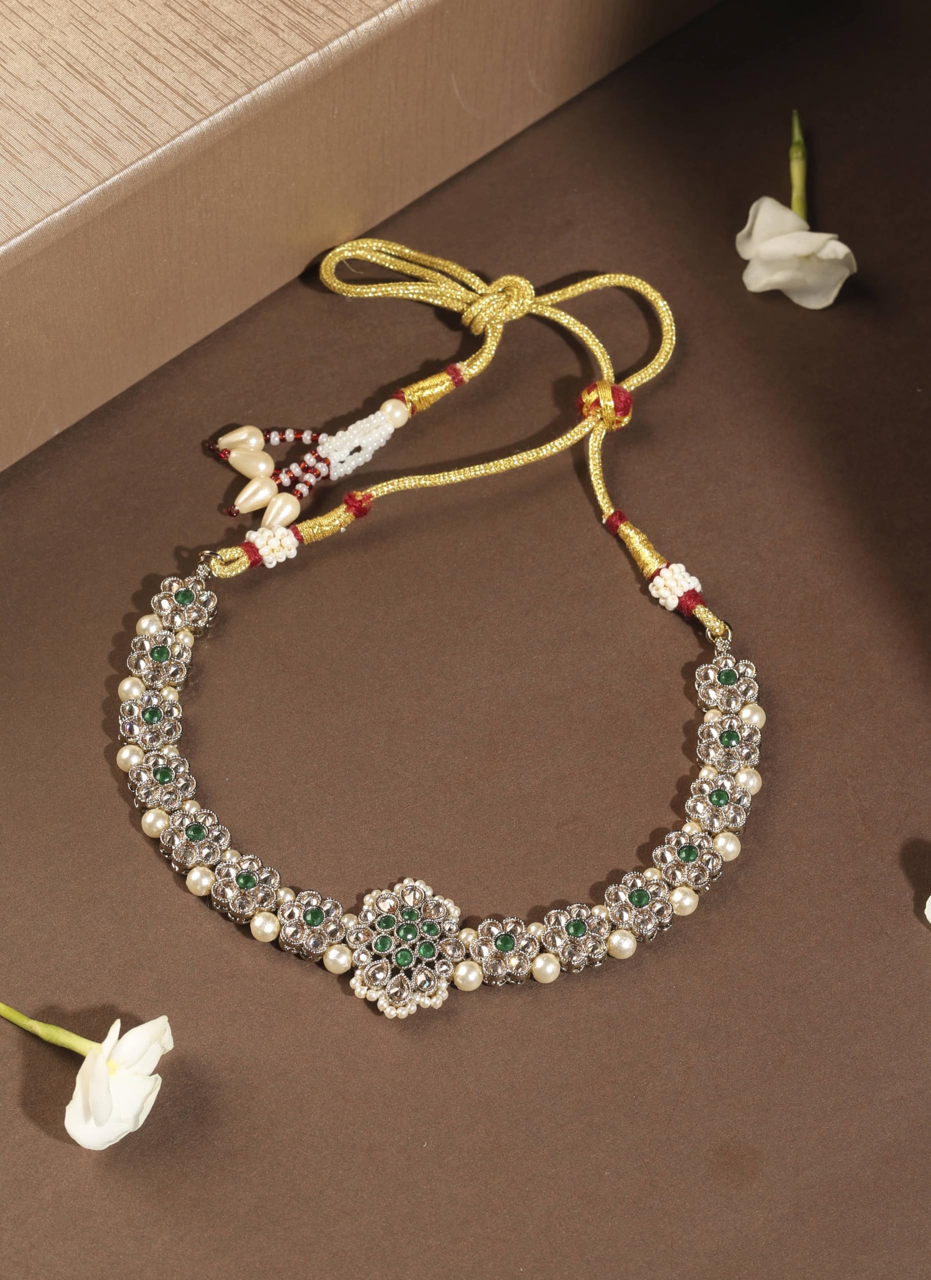 Saloni Fashion Jewellery Pretty Flower Shape Pearl Green Kundan Stone Antique Gold Plated Choker Necklace Set with Maang Tikka For Women and Girls