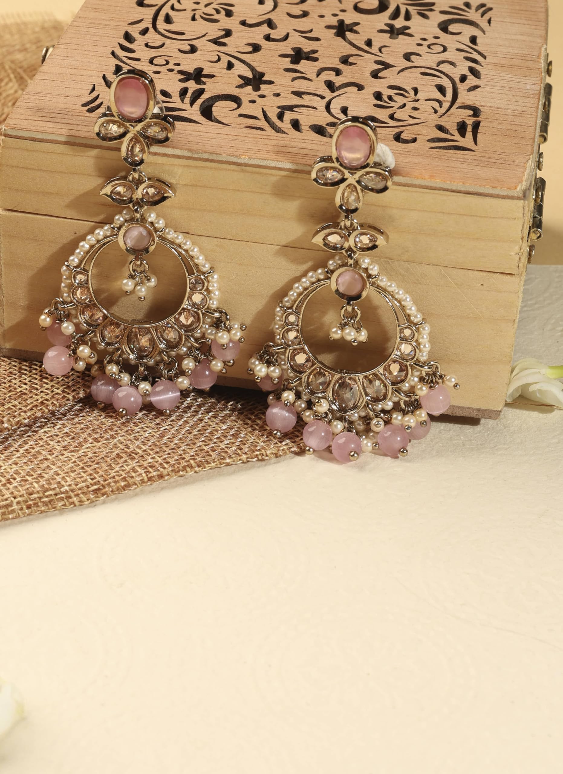 Saloni Fashion Jewellery Graceful Circle and Leaf Shape Pink Pearl Brown Kundan Stone Antique Gold Plated Brass Chandelier Earring With Maang Tikka For Women and Girls