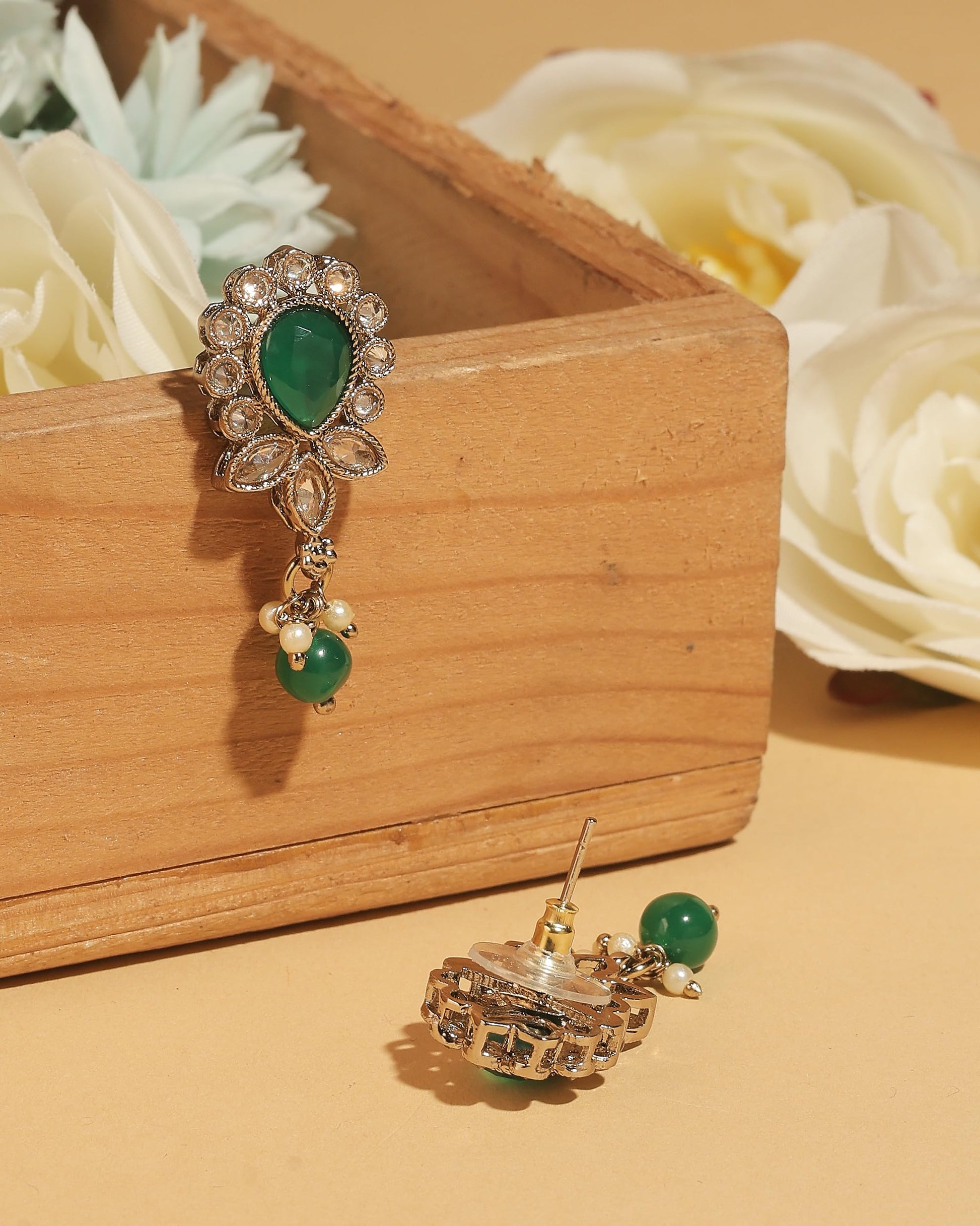 Saloni Fashion Jewellery Ethnic Oval and Leaf Design Gold Plated Green Kundan Stone Dangle Earring For Women and Girls