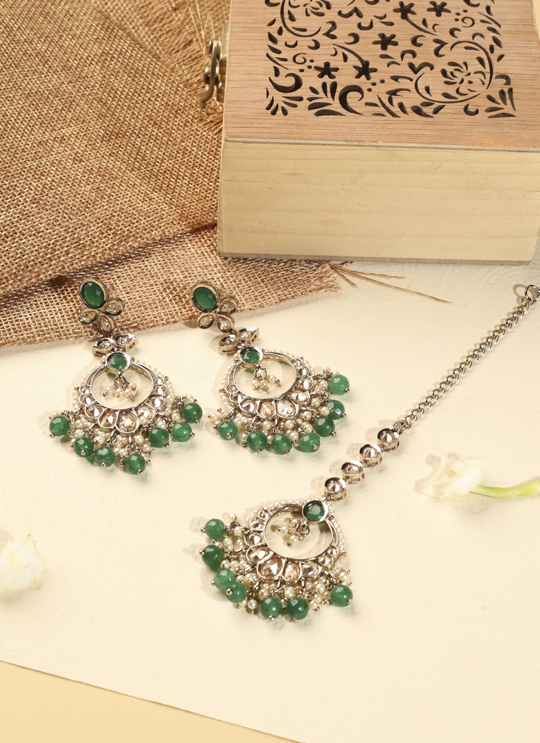 Saloni Fashion Jewellery Inspired Circle and Leaf Shape Green Pearl Brown Kundan Stone Antique Gold Plated Brass Chandelier Earring With Maang Tikka For Women and Girls