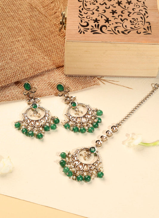 Saloni Fashion Jewellery Inspired Circle and Leaf Shape Green Pearl Brown Kundan Stone Antique Gold Plated Brass Chandelier Earring With Maang Tikka For Women and Girls