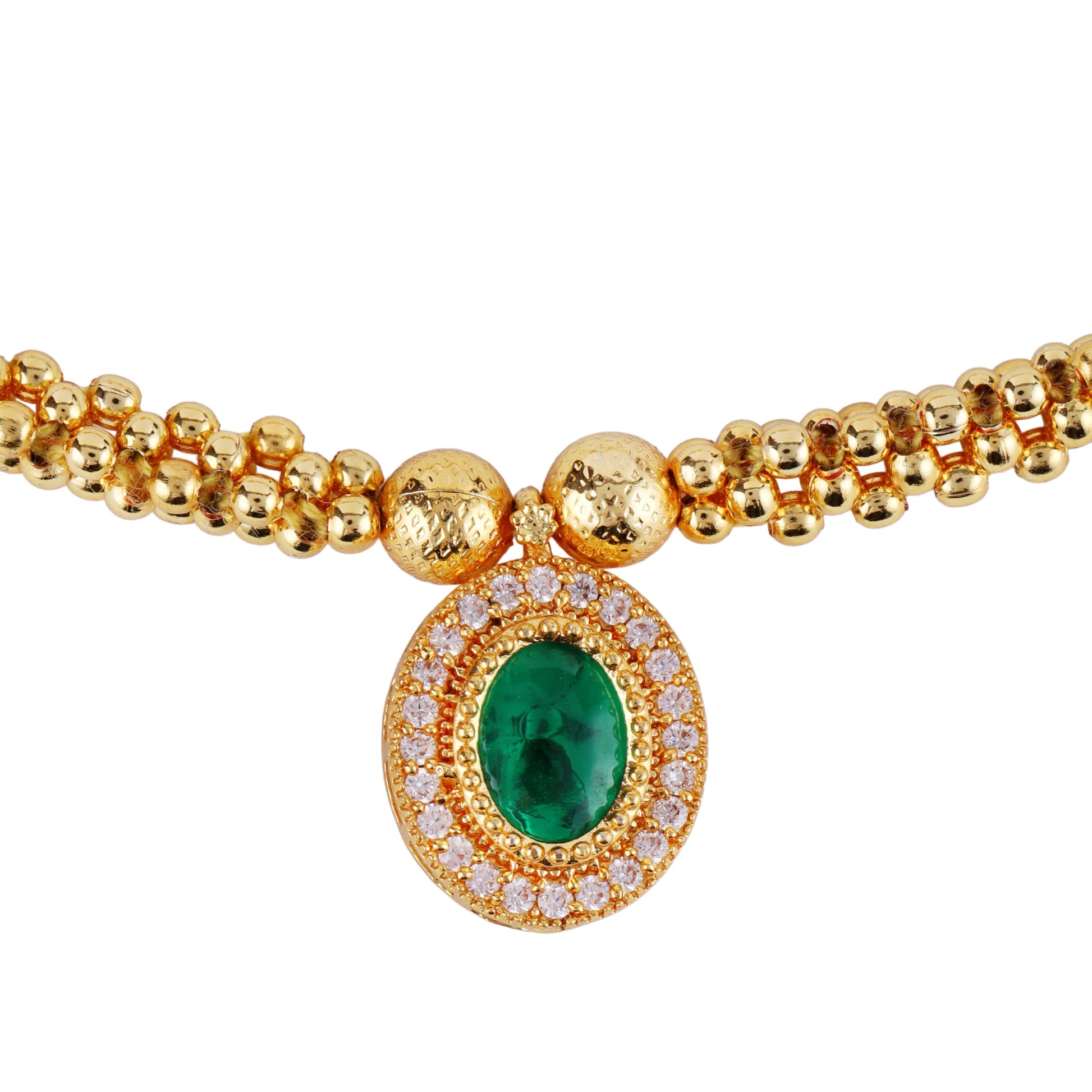 Saloni Fashion Jewellery Traditional Round Shape Golden Balls Green Stone Gold Plated Choker Necklace Set For Women