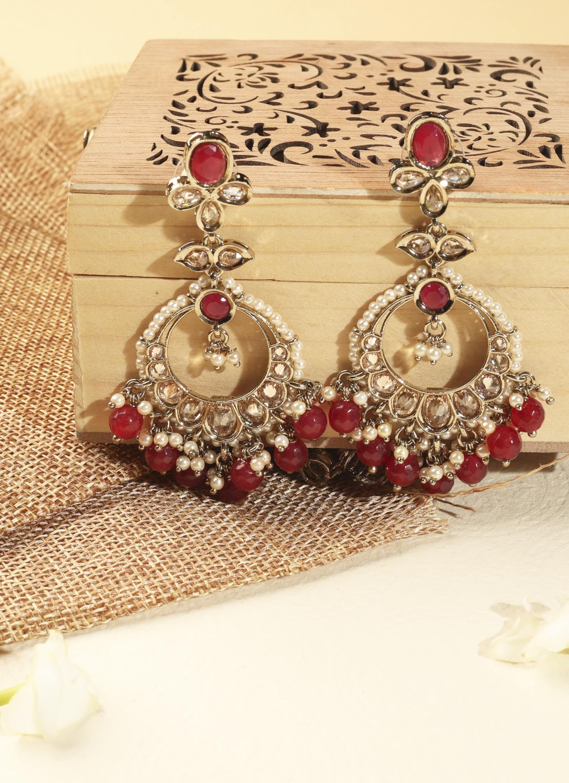 Saloni Fashion Jewellery Incredible Circle and Leaf Shape Red Pearl Brown Kundan Stone Antique Gold Plated Brass Chandelier Earring With Maang Tikka For Women and Girls