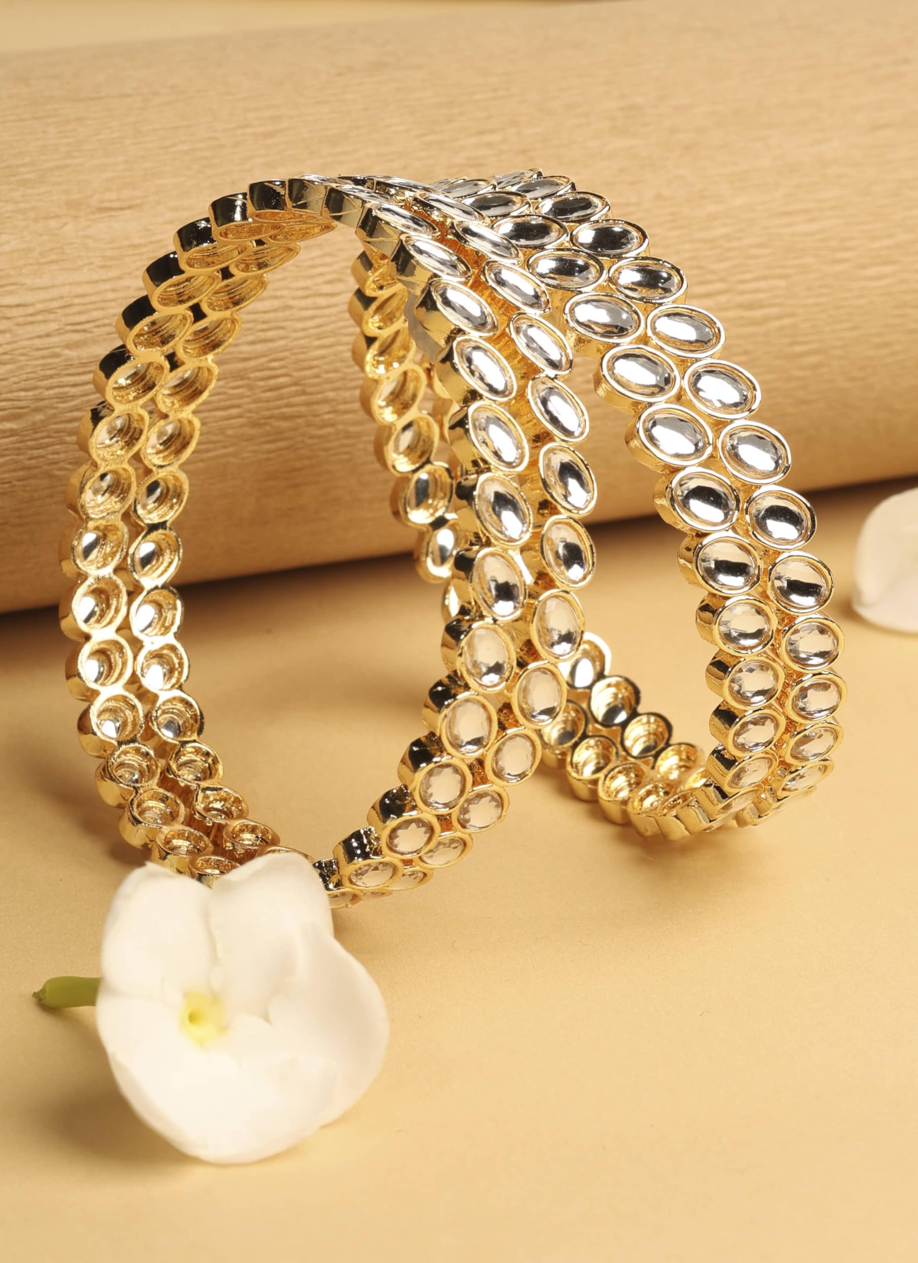 Saloni Fashion Jewellery Traditional Circle Shape White Kundan Stone Gold Plated Set of 4 Bangle Set For Women and Girls