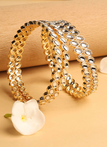 Saloni Fashion Jewellery Traditional Circle Shape White Kundan Stone Gold Plated Set of 4 Bangle Set For Women and Girls