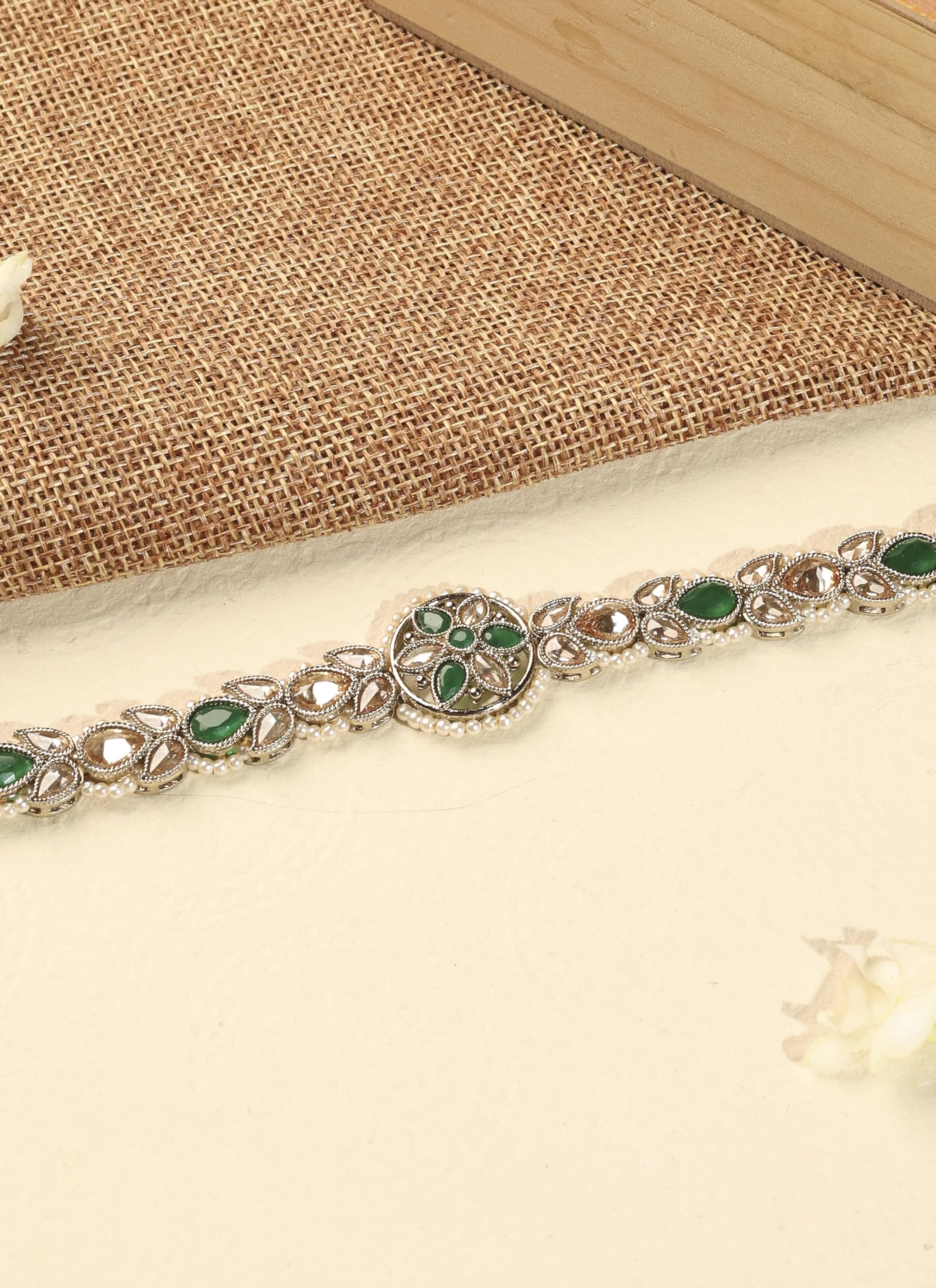 Saloni Fashion Jewellery Beautiful Flower Design and Pearl Green Kundan Stone Antique Gold Plated Mathapatti(Sheeshphool) For Women and Girls