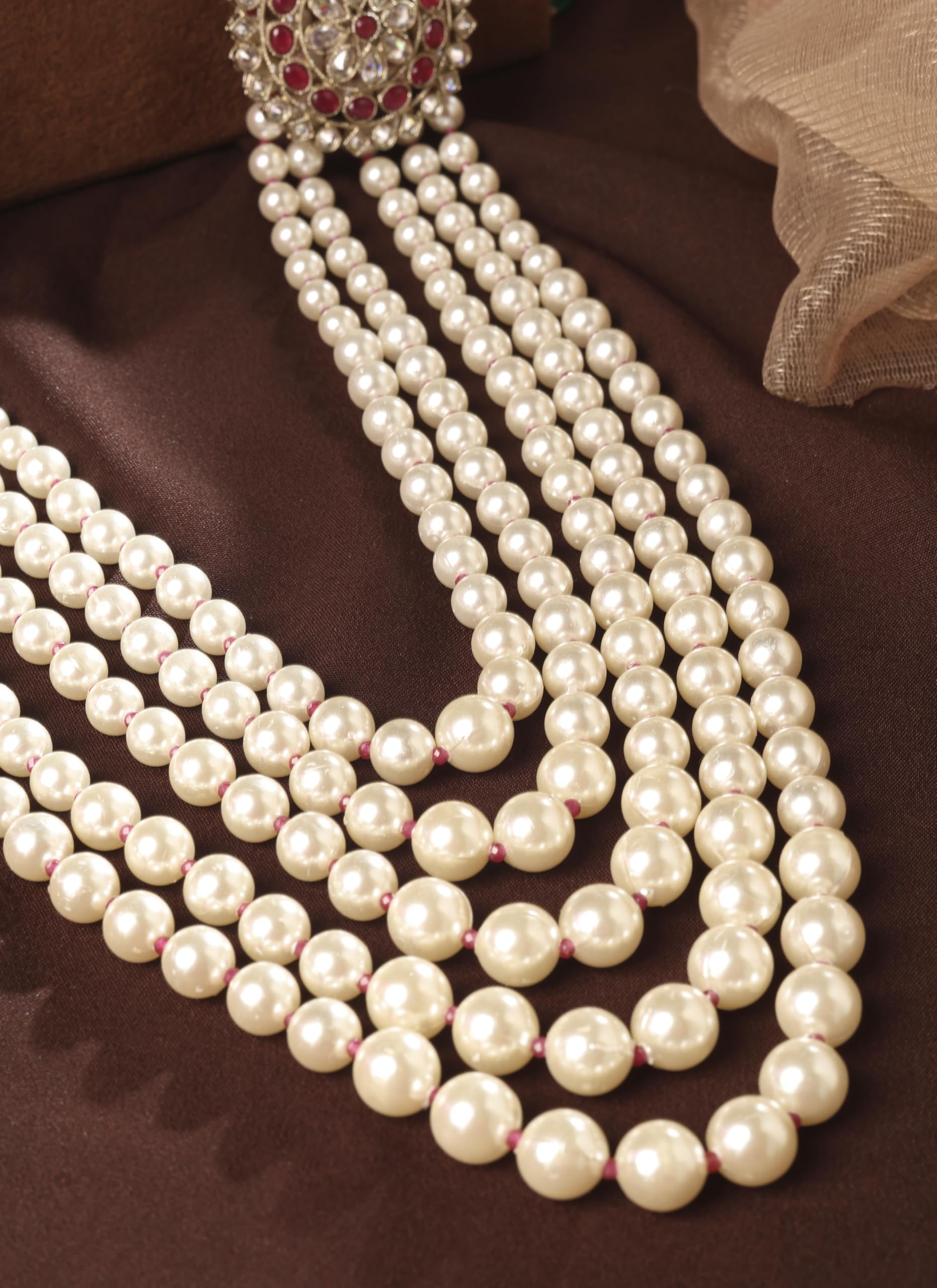 Saloni Fashion Jewellery Marvellous Flower Design Pearl 5 String Ruby Stone Kundan Antique Gold Plated Long Haram Necklace Mala For Women and Girls