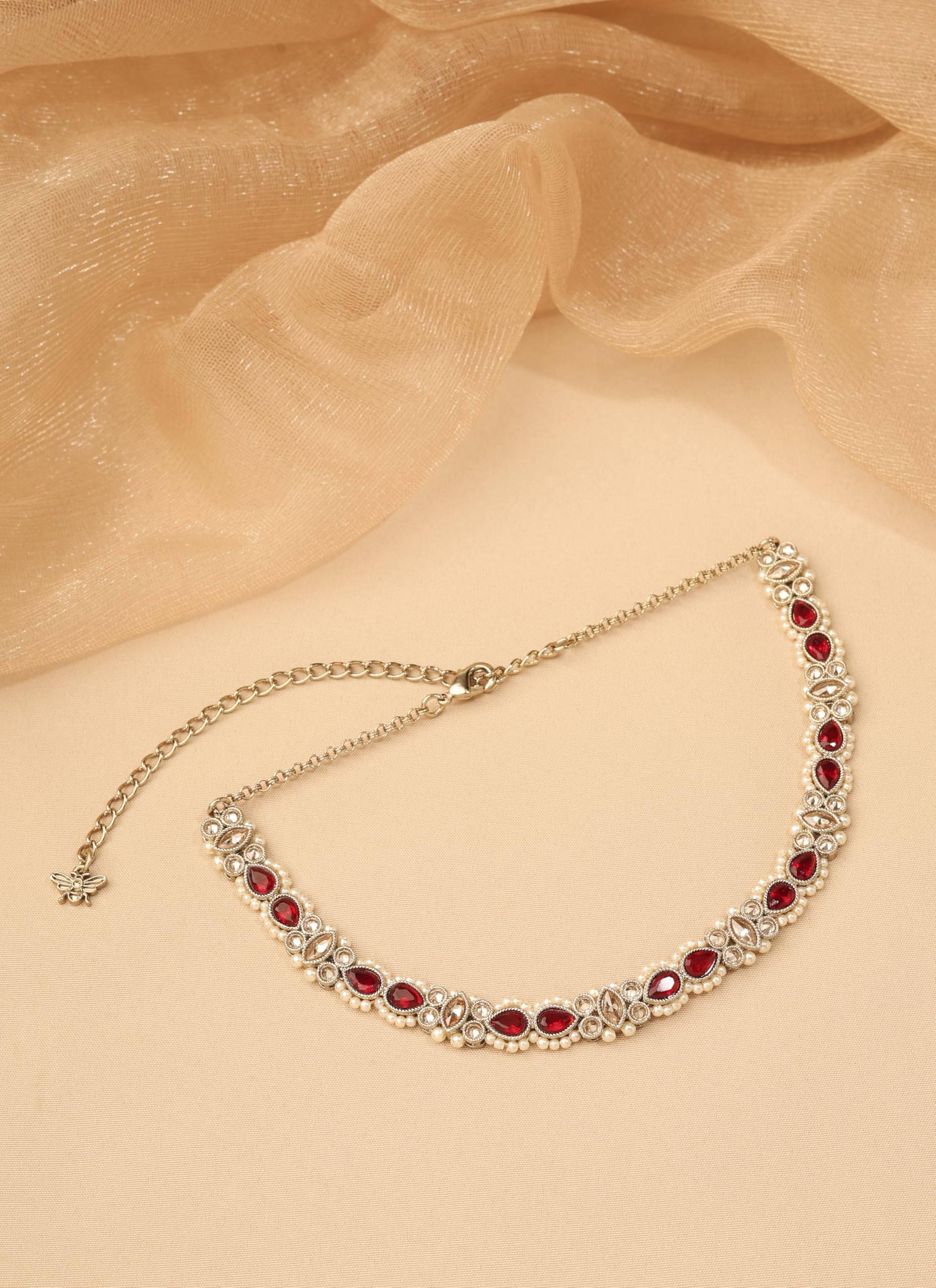 Saloni Fashion Jewellery Designer Flower and Oval Shape Maroon Kundan Stone Pearl Antique Gold Plated Choker Necklace With Maang Tikka For Women and Girls
