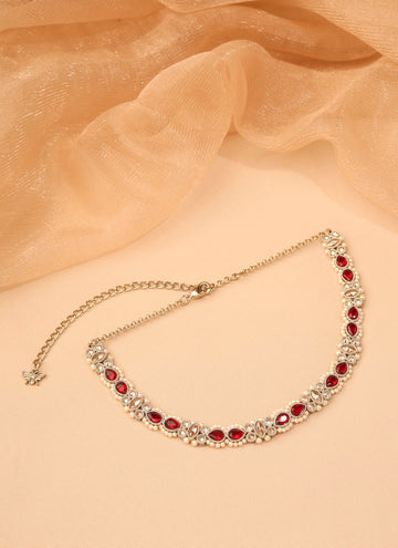 Saloni Fashion Jewellery Designer Flower and Oval Shape Maroon Kundan Stone Pearl Antique Gold Plated Choker Necklace With Maang Tikka For Women and Girls