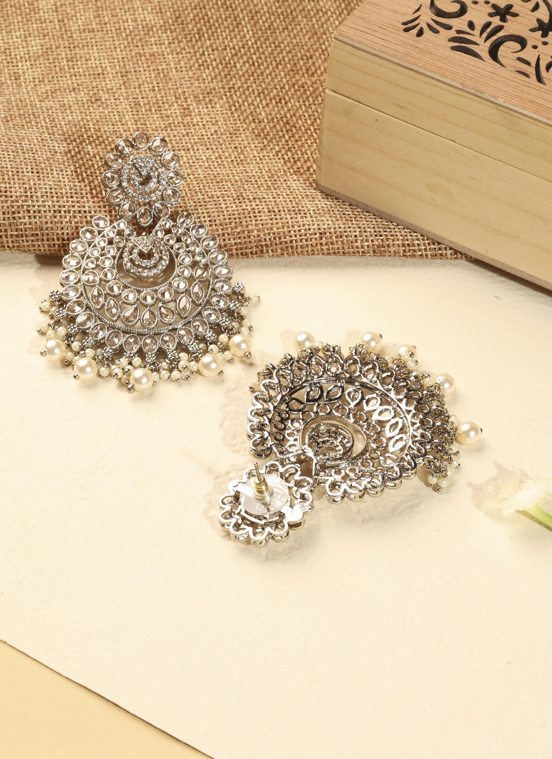 Saloni Fashion Jewellery Fancy Chandelier and Mother of Pearl Brown Kundan Stone Antique Gold Plated Chandelier Earring For Women and Girls