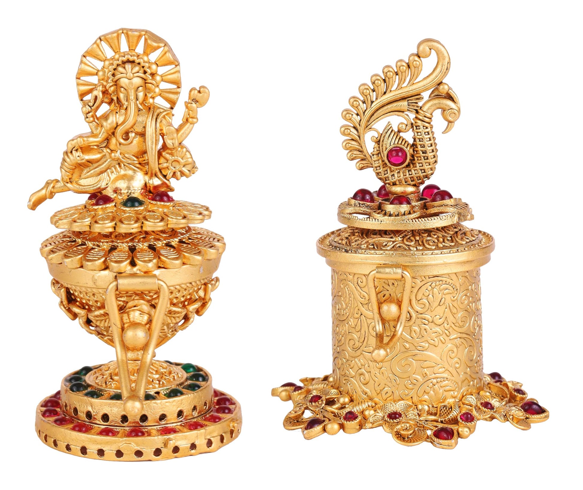 Saloni Fashion Jewellery Traditional Lord Ganesha and Peacock Design Gold Plated Brass Set of 2 Combo Sindoor Dani/Dibbi For Women