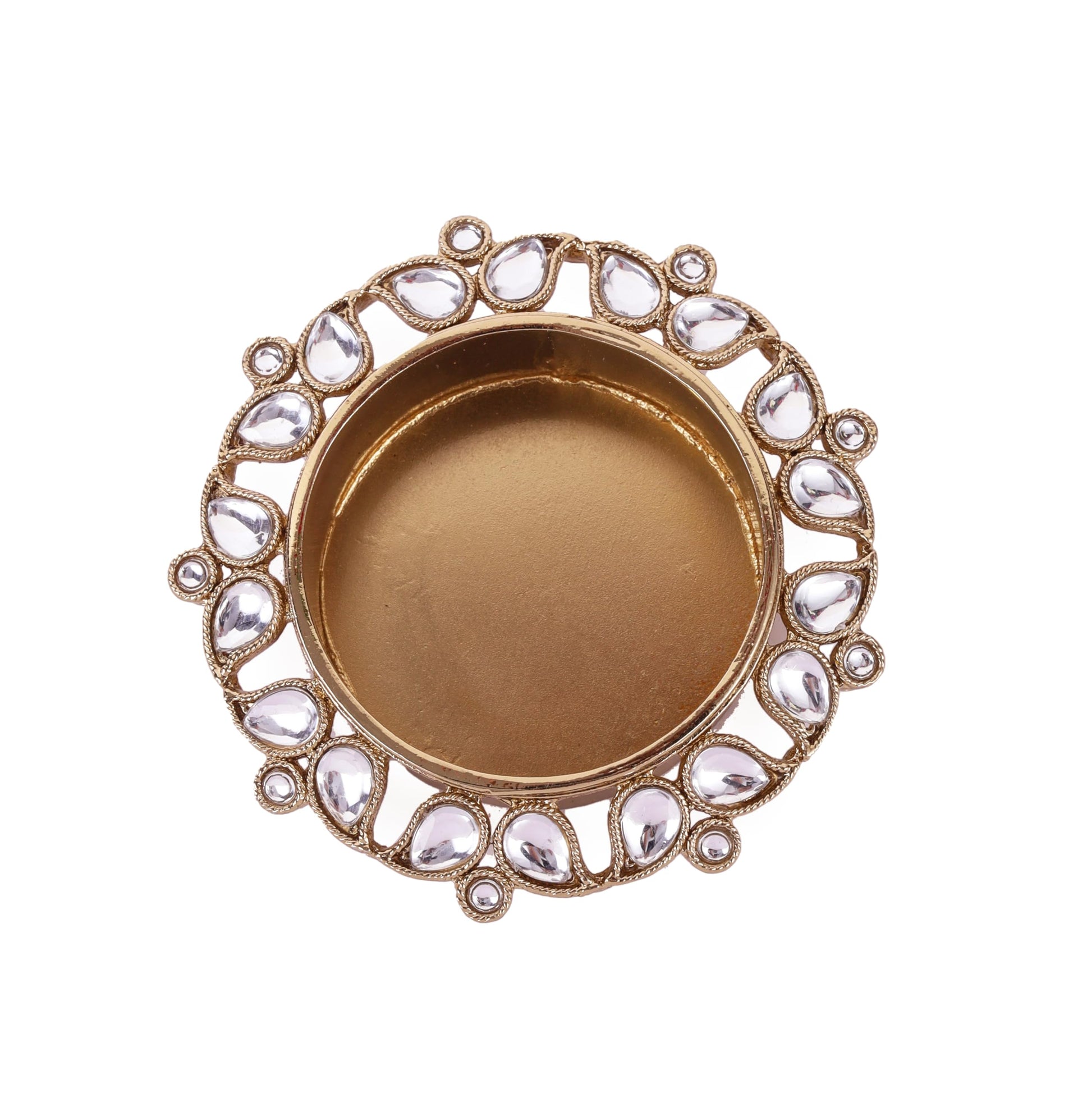 Saloni Fashion Jewellery Traditional Designer Paisley and Round Shape Brass Gold Plated White Stone Festival Decorative Deep / Diya