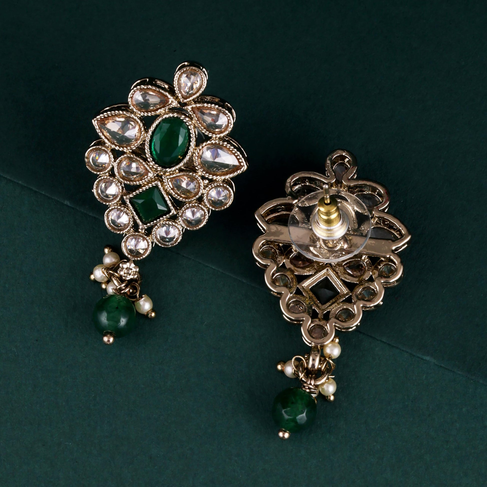 Saloni Fashion Jewellery Lovely Flower Design Green Uncut Kundan Stone Mother of Pearl Antique Gold Plated Dangle Earring For Women and Girls