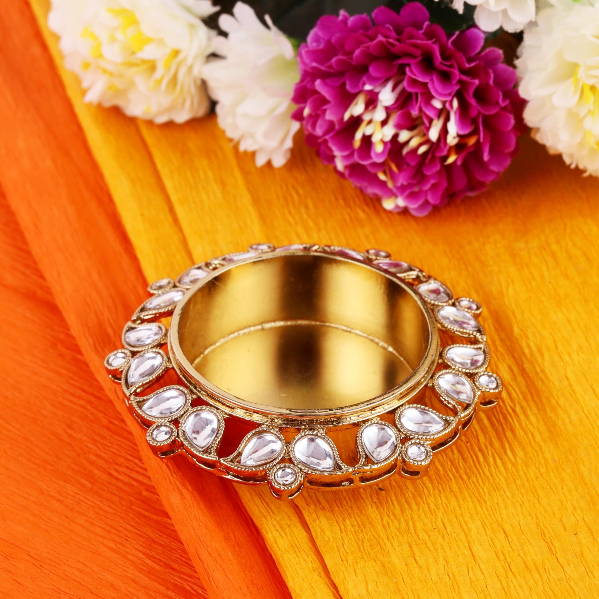 Saloni Fashion Jewellery Traditional Designer Paisley and Round Shape Brass Gold Plated White Stone Festival Decorative Deep / Diya
