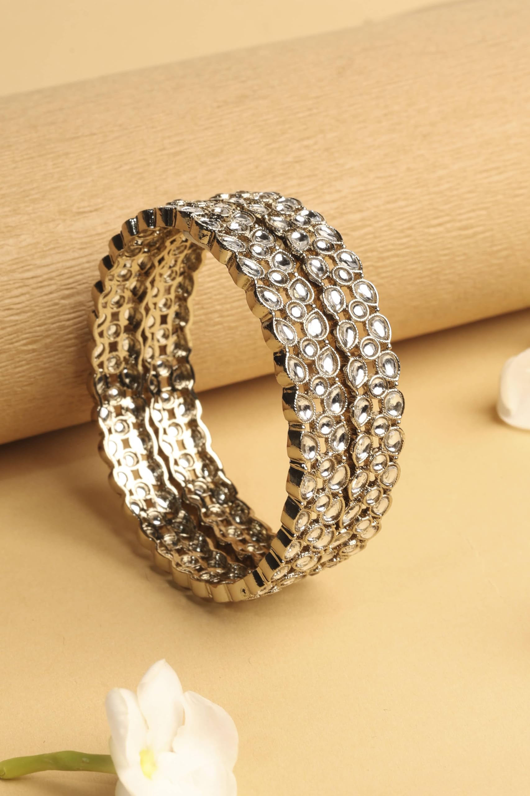 Saloni Fashion Jewellery Trendy Oval Shape White Kundan Stone Antique Gold Plated Set of 2 Bangle Set For Women and Girls