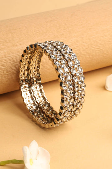 Saloni Fashion Jewellery Trendy Oval Shape White Kundan Stone Antique Gold Plated Set of 2 Bangle Set For Women and Girls