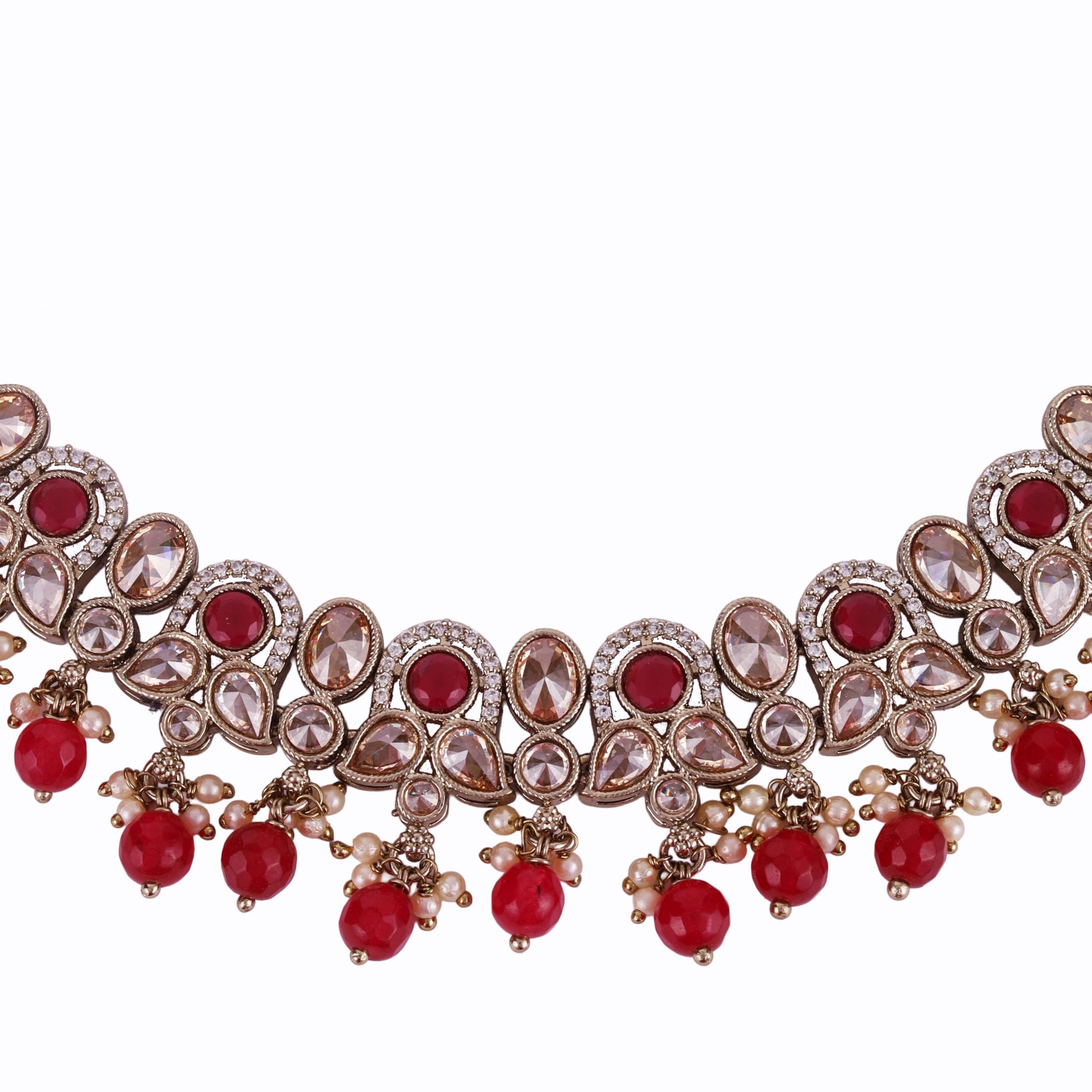 Saloni Fashion Jewellery Trendy Leaf and Paisley Design Red Stone Gold Plated Choker Necklace Set With Maangikka For Women and Girls