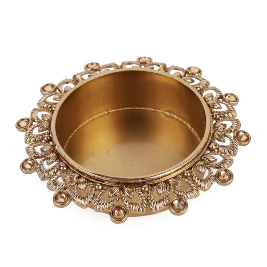 Saloni Fashion Jewellery Traditional Delightful Leaf and Round Shape Brass Gold Plated Brown Stone Festival Decorative Deep / Diya