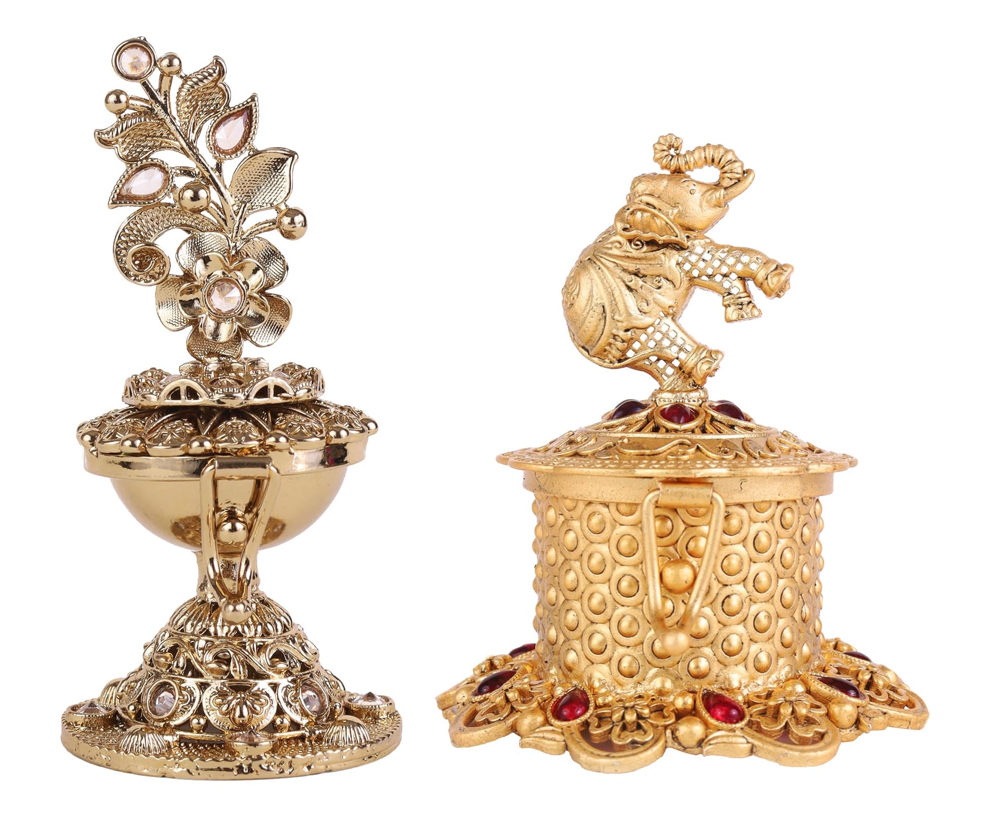 Saloni Fashion Jewellery Traditional Leaf Flower and Elephant Design Antique Gold Plated Brass Set of 2 Combo Sindoor Dani/Dibbi For Women