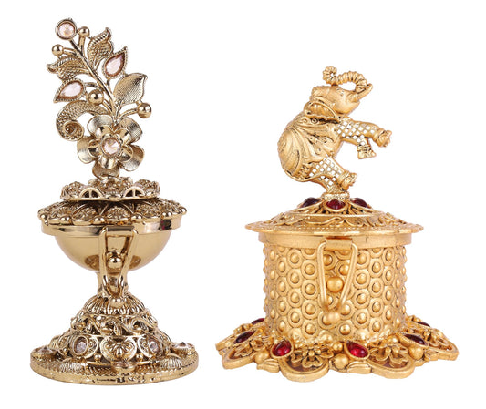 Saloni Fashion Jewellery Traditional Leaf Flower and Elephant Design Antique Gold Plated Brass Set of 2 Combo Sindoor Dani/Dibbi For Women